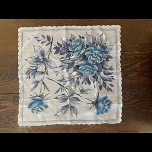 Vintage Chris Fisher signed blue floral hanky handkerchief​​​​